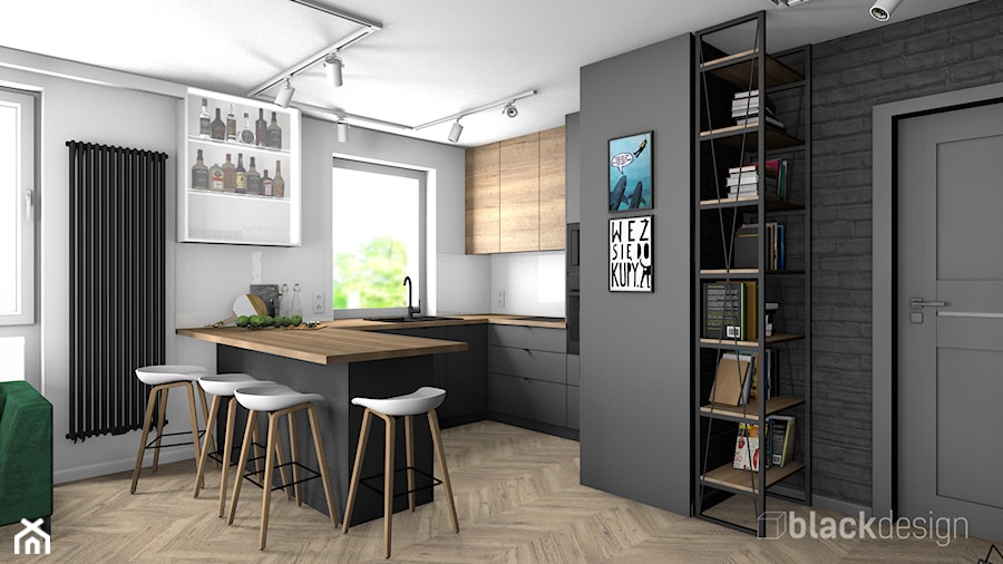 Gdynia Mieszkanie 70 m2 - Średnia otwarta z salonem biała czarna z zabudowaną lodówką z nablatowym zlewozmywakiem kuchnia w kształcie litery g z oknem, styl nowoczesny - zdjęcie od black design