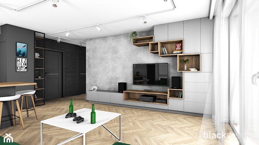 Gdynia Mieszkanie 70 m2 - Średni biały czarny szary salon z jadalnią, styl nowoczesny - zdjęcie od black design