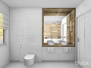 Łazienka dla dwojga - Mała na poddaszu z lustrem z dwoma umywalkami łazienka z oknem, styl skandynawski - zdjęcie od black design