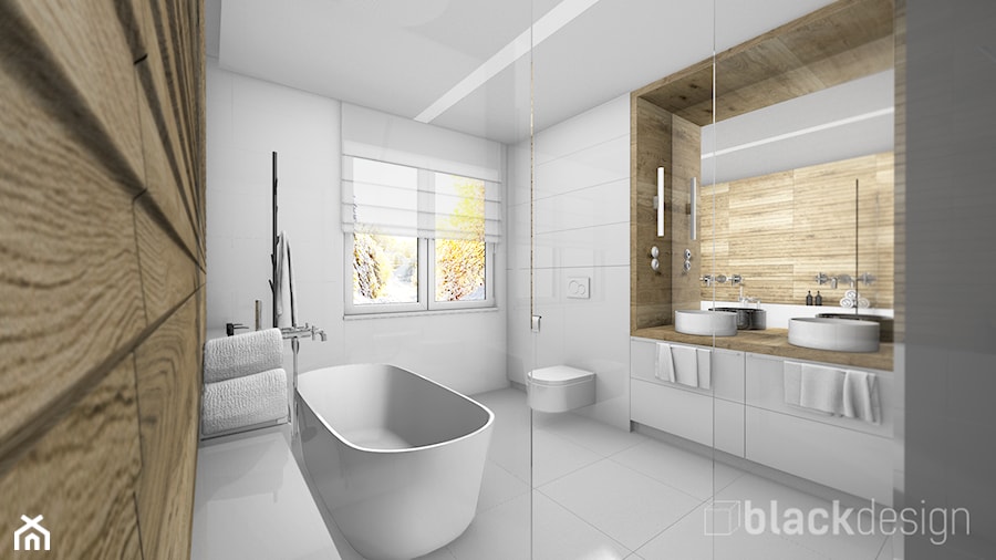 Łazienka dla dwojga - Średnia na poddaszu z lustrem z dwoma umywalkami łazienka z oknem, styl skandynawski - zdjęcie od black design