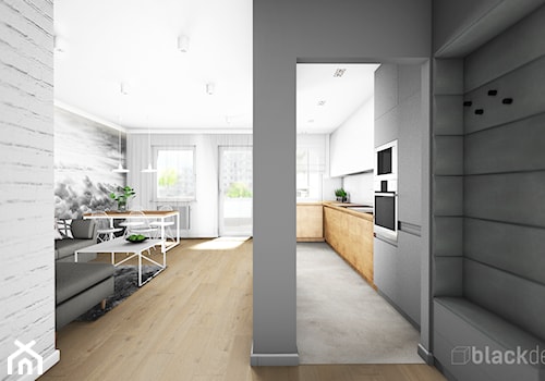 Długa, wąska kuchnia półotwarta na salon - zdjęcie od black design