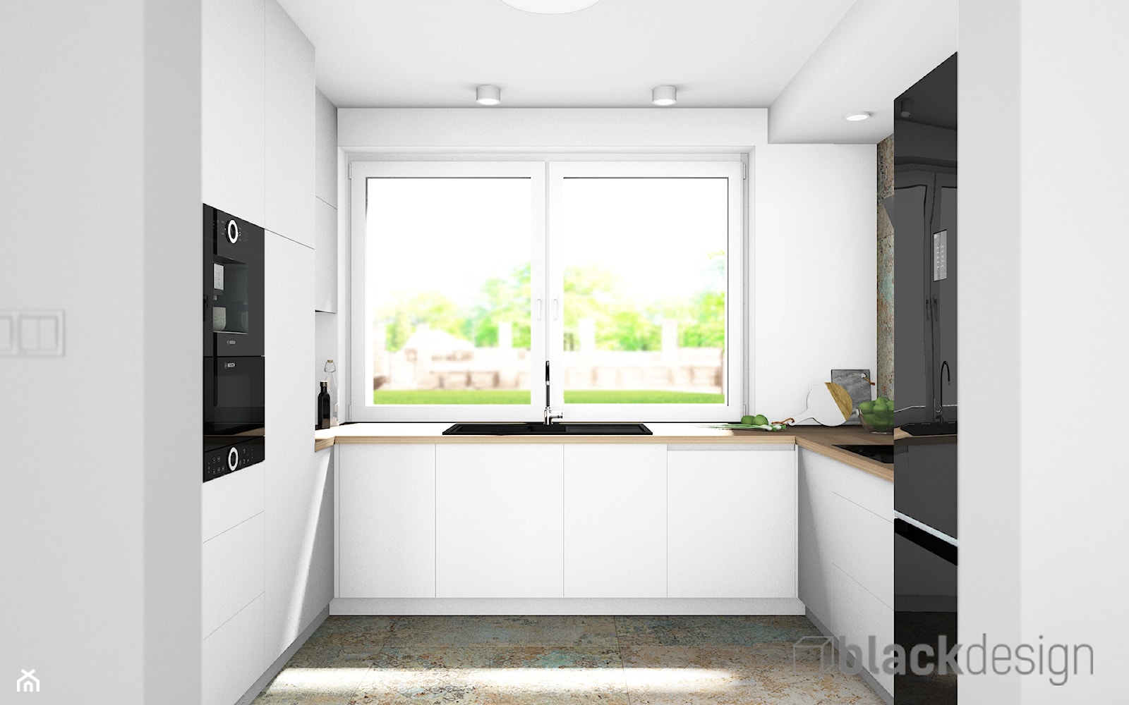 Biała kuchnia + czarne AGD / drewno + Aparici Carpet - zdjęcie od black design - Homebook