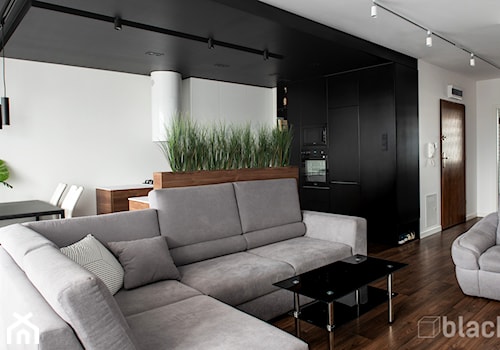 Białystok Mieszkanie 48 m2 - Średni biały czarny salon z kuchnią z jadalnią, styl nowoczesny - zdjęcie od black design