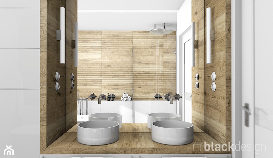 Łazienka dla dwojga - Mała na poddaszu bez okna z dwoma umywalkami łazienka, styl skandynawski - zdjęcie od black design