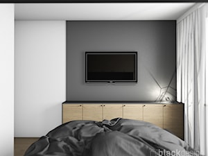 Prosta, męska sypialnia. Szarość, biel i drewno. - zdjęcie od black design