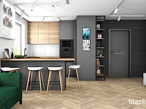 Gdynia Mieszkanie 70 m2 - Średnia otwarta z salonem biała czarna z zabudowaną lodówką z nablatowym zlewozmywakiem kuchnia w kształcie litery u z oknem, styl nowoczesny - zdjęcie od black design