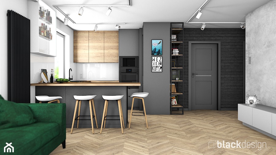 Gdynia Mieszkanie 70 m2 - Średnia otwarta z salonem biała czarna z zabudowaną lodówką z nablatowym zlewozmywakiem kuchnia w kształcie litery u z oknem, styl nowoczesny - zdjęcie od black design