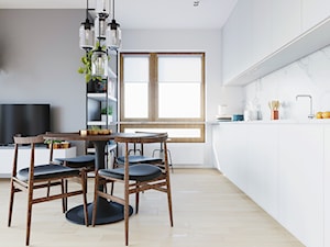 WNĘTRZE ABR_17 - Średnia otwarta z salonem biała kuchnia jednorzędowa z oknem z marmurem nad blatem kuchennym, styl skandynawski - zdjęcie od 081 architekci