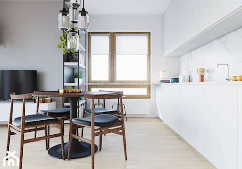 WNĘTRZE ABR_17 - Średnia otwarta z salonem biała kuchnia jednorzędowa z oknem z marmurem nad blatem kuchennym, styl skandynawski - zdjęcie od 081 architekci