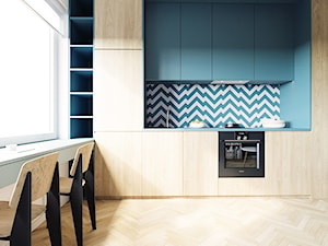 Kolorowa kawalerka - Średnia otwarta z salonem biała niebieska z zabudowaną lodówką kuchnia jednorzędowa z oknem, styl nowoczesny - zdjęcie od 081 architekci