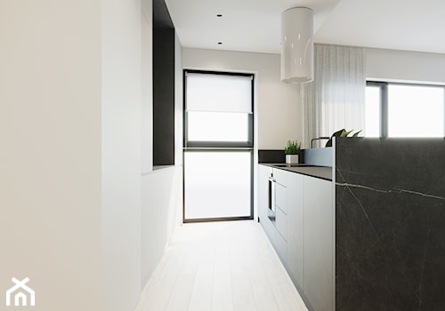 WNĘTRZE ROZ_18 - Mała otwarta biała z zabudowaną lodówką kuchnia dwurzędowa z oknem, styl minimalistyczny - zdjęcie od 081 architekci