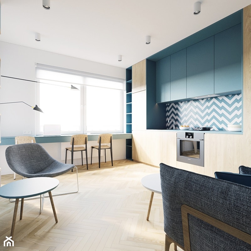 Kolorowa kawalerka - Mały biały niebieski salon z kuchnią z jadalnią, styl nowoczesny - zdjęcie od 081 architekci