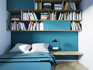 Kolorowa kawalerka - Mała biała niebieska sypialnia, styl nowoczesny - zdjęcie od 081 architekci