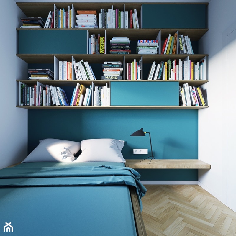 Kolorowa kawalerka - Mała biała niebieska sypialnia, styl nowoczesny - zdjęcie od 081 architekci
