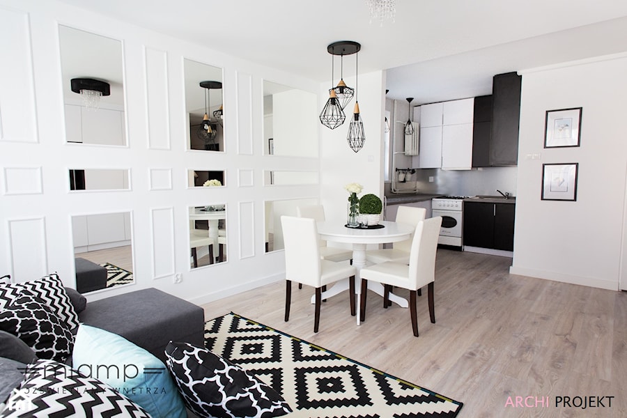 Druciany trend - Średni biały salon z kuchnią, styl nowoczesny - zdjęcie od =mlamp.pl= | rozświetlamy wnętrza