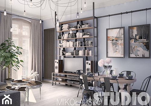 Styl industrialny - Średni szary salon z bibiloteczką, styl nowoczesny - zdjęcie od =mlamp.pl= | rozświetlamy wnętrza