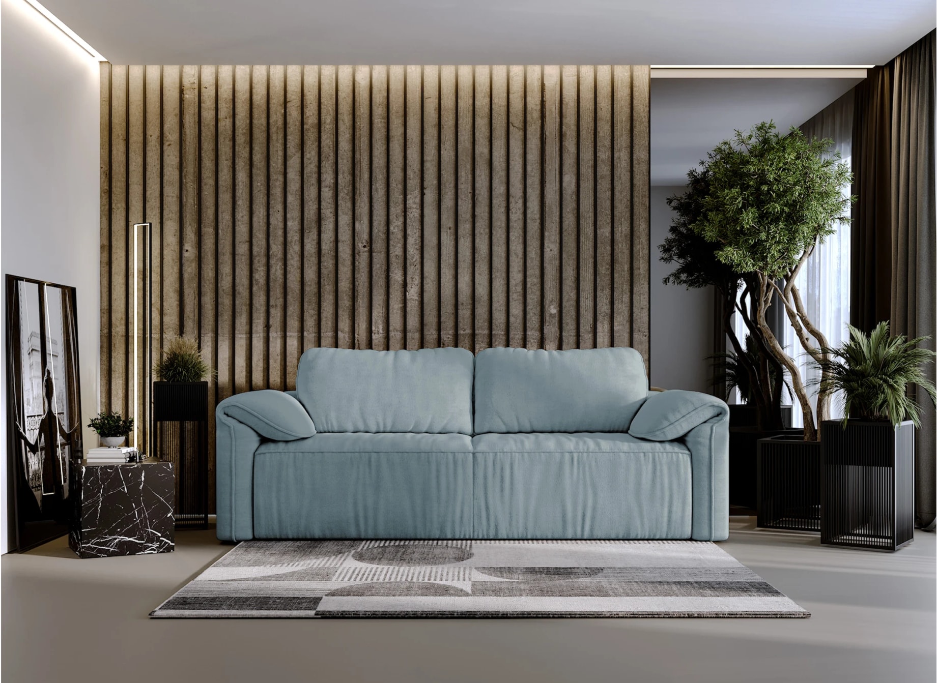 Błękitna sofa do salonu w tkaninie szenilowej