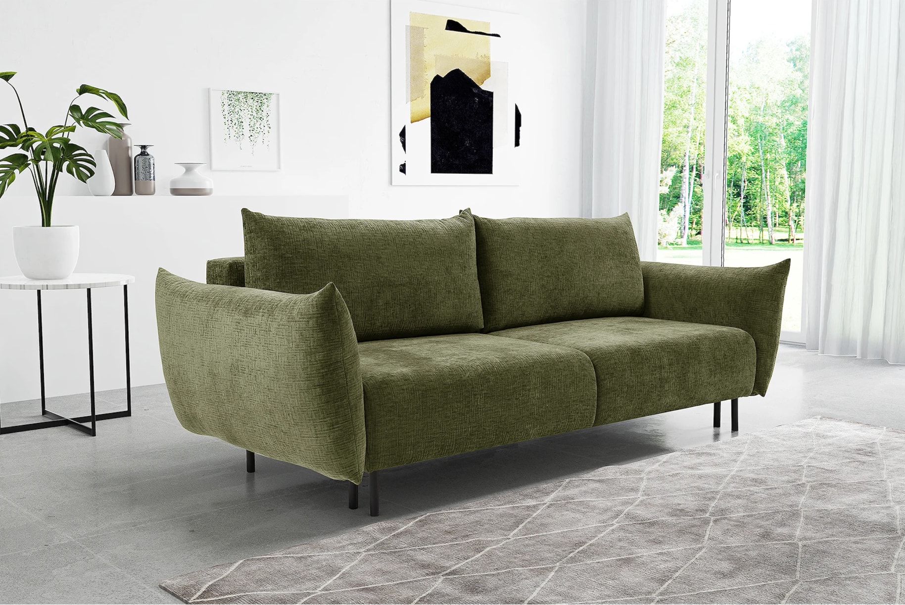 Oliwkowa sofa do salonu w tkaninie szenilowej