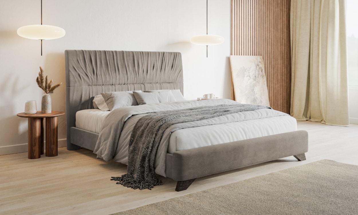 beżowe łóżko tapicerowane