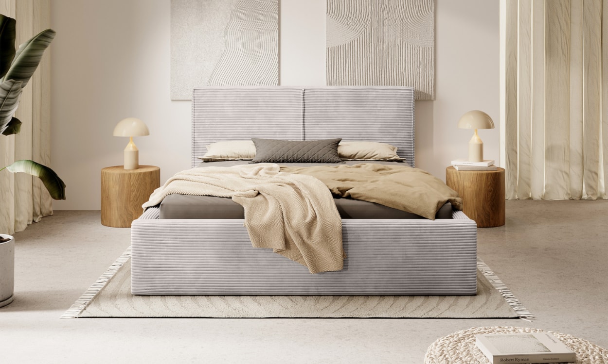 Ciemnobeżowe łóżko tapicerowane 