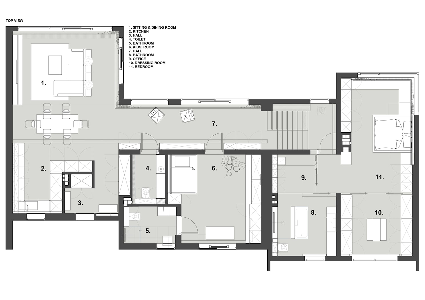 Projekt modernizacji budynku jednorodzinnego w zabudowie parterowej - rzut z góry. - zdjęcie od STUDIO.O. organic design - Homebook