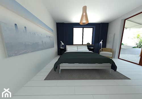 Średnia biała niebieska sypialnia z balkonem / tarasem, styl skandynawski - zdjęcie od Renee's Interior Design
