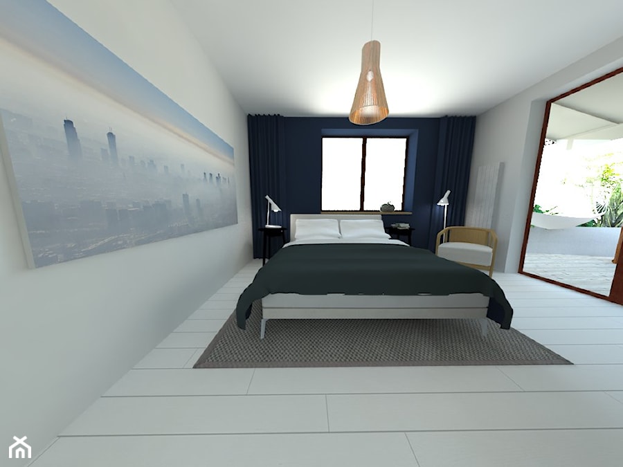 Średnia biała niebieska sypialnia z balkonem / tarasem, styl skandynawski - zdjęcie od Renee's Interior Design