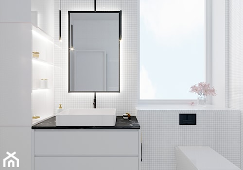 Elegancka łazienka z dominującym akcentem - Mała z marmurową podłogą łazienka z oknem - zdjęcie od Renee's Interior Design