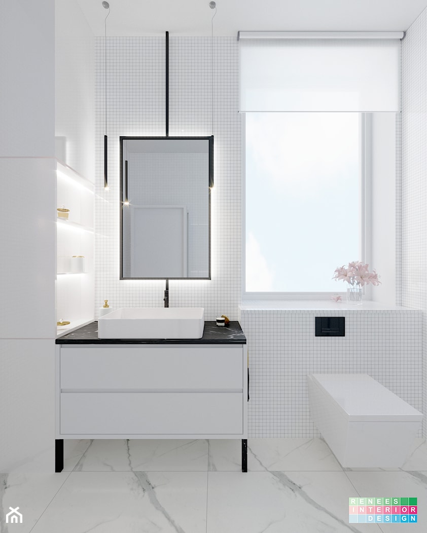 Elegancka łazienka z dominującym akcentem - Mała z marmurową podłogą łazienka z oknem - zdjęcie od Renee's Interior Design - Homebook