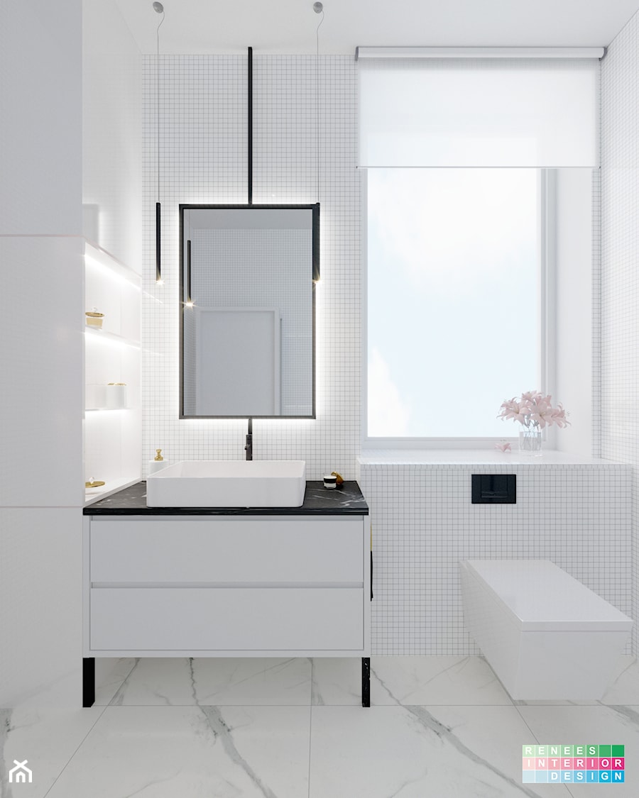 Elegancka łazienka z dominującym akcentem - Mała z marmurową podłogą łazienka z oknem - zdjęcie od Renee's Interior Design