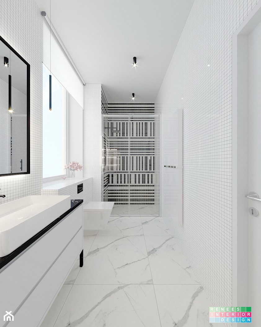 Elegancka łazienka z dominującym akcentem - Duża z lustrem z marmurową podłogą z punktowym oświetlen ... - zdjęcie od Renee's Interior Design - Homebook
