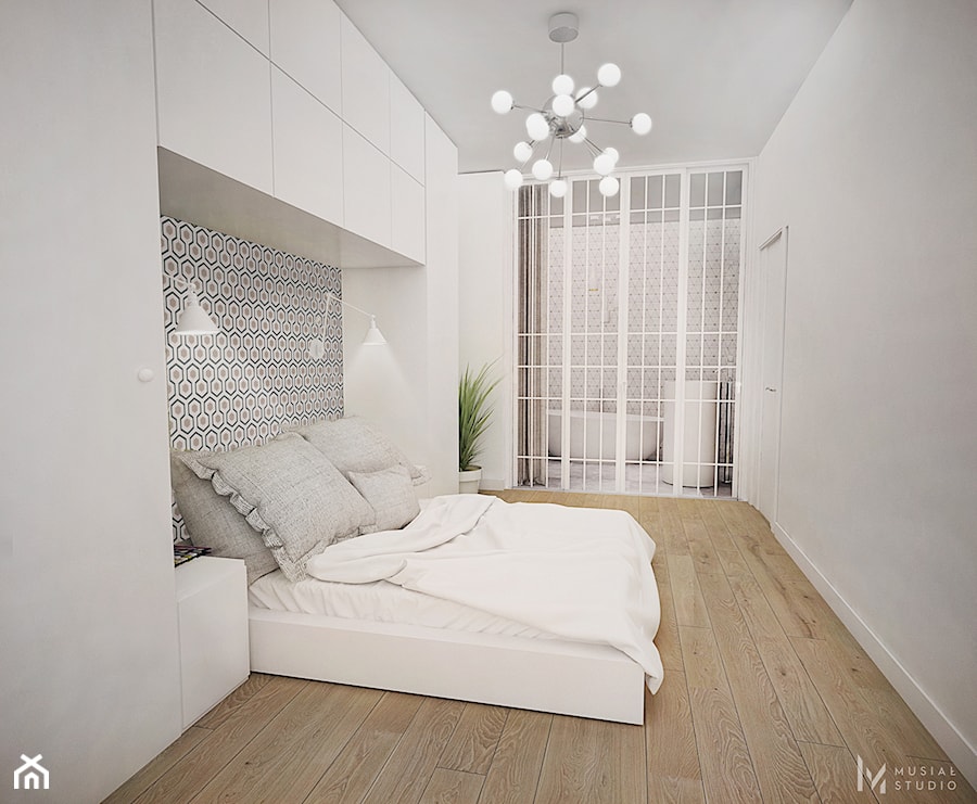 Koncepcja aparatamentu w Legnicy- Szewczenko Development - Średnia biała sypialnia z łazienką, styl minimalistyczny - zdjęcie od Musiał Studio