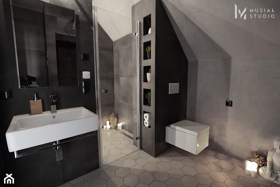 Industrialny Ołtaszyn - Mała na poddaszu bez okna z lustrem łazienka, styl industrialny - zdjęcie od Musiał Studio