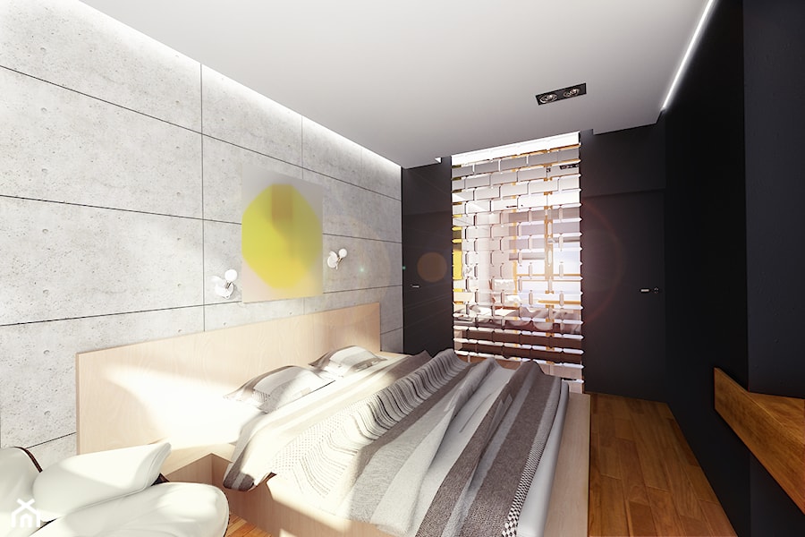 CZERŃ, BIEL I DREWNO w mieszkaniu Warszawa Wilanów 80m2 - Średnia czarna sypialnia, styl minimalistyczny - zdjęcie od TISSU Architecture