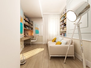 APARTAMENT W STYLU EKLEKTYCZNYM W EKO PARKU W WARSZAWIE - Średnie w osobnym pomieszczeniu z sofą z zabudowanym biurkiem szare biuro, styl nowoczesny - zdjęcie od TISSU Architecture