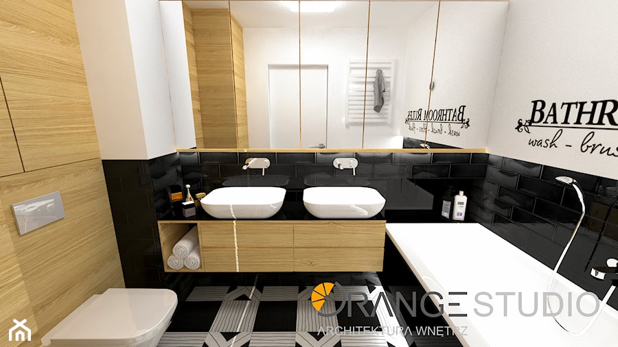 Łazienka z czarnymi kaflami oraz akcentami drewnianymi - zdjęcie od ORANGE STUDIO