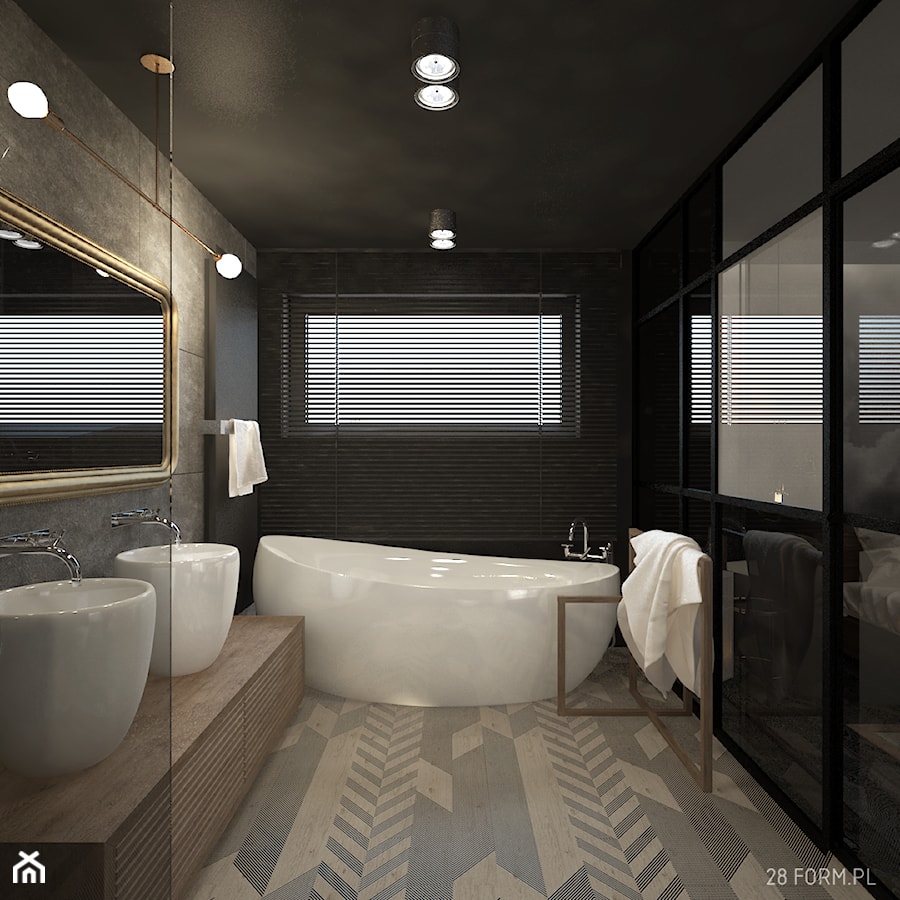 Dom w Kępnie - Średnia jako pokój kąpielowy z dwoma umywalkami z punktowym oświetleniem łazienka z oknem, styl nowoczesny - zdjęcie od 28 FORM