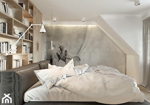 Wrocław- Żerniki - Mała beżowa biała sypialnia na poddaszu, styl nowoczesny - zdjęcie od 28 FORM