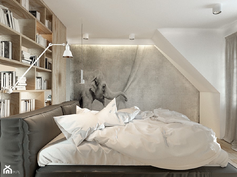Wrocław- Żerniki - Mała beżowa biała sypialnia na poddaszu, styl nowoczesny - zdjęcie od 28 FORM