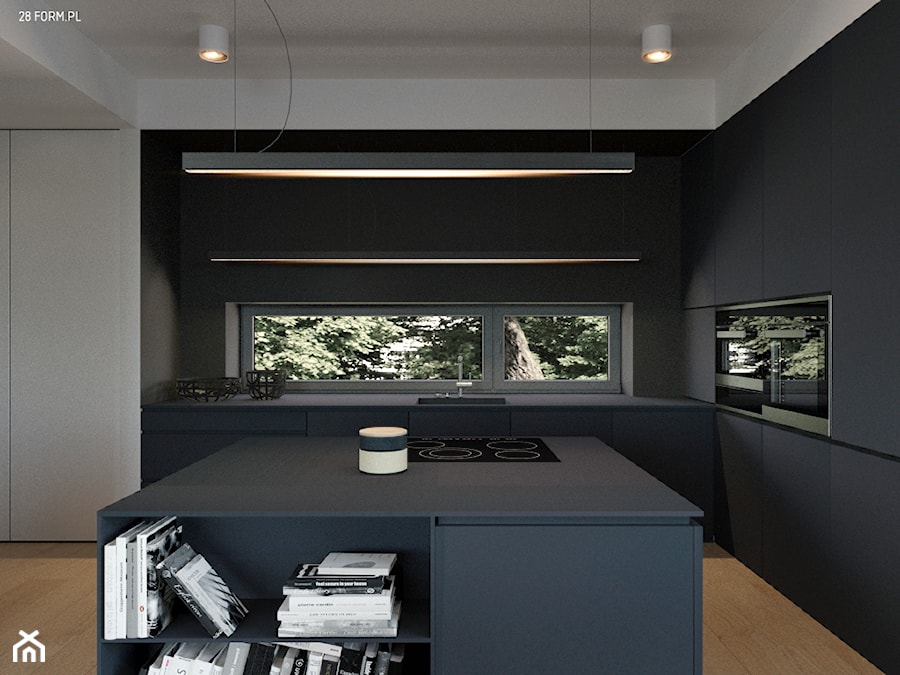 Dom- Dolina Baryczy - Średnia otwarta z kamiennym blatem czarna z zabudowaną lodówką z podblatowym zlewozmywakiem kuchnia jednorzędowa z wyspą lub półwyspem z oknem, styl nowoczesny - zdjęcie od 28 FORM
