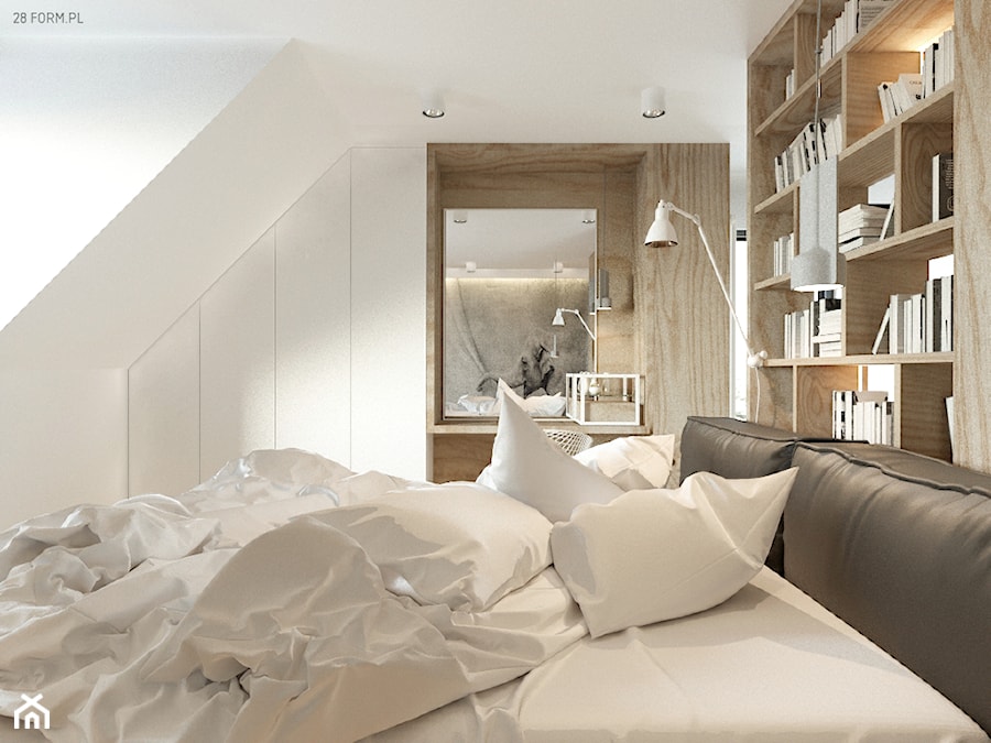 Wrocław- Żerniki - Średnia biała brązowa sypialnia na poddaszu, styl nowoczesny - zdjęcie od 28 FORM