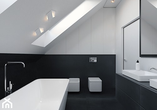 Dom- Dolina Baryczy - Mała na poddaszu z dwoma umywalkami łazienka z oknem, styl nowoczesny - zdjęcie od 28 FORM