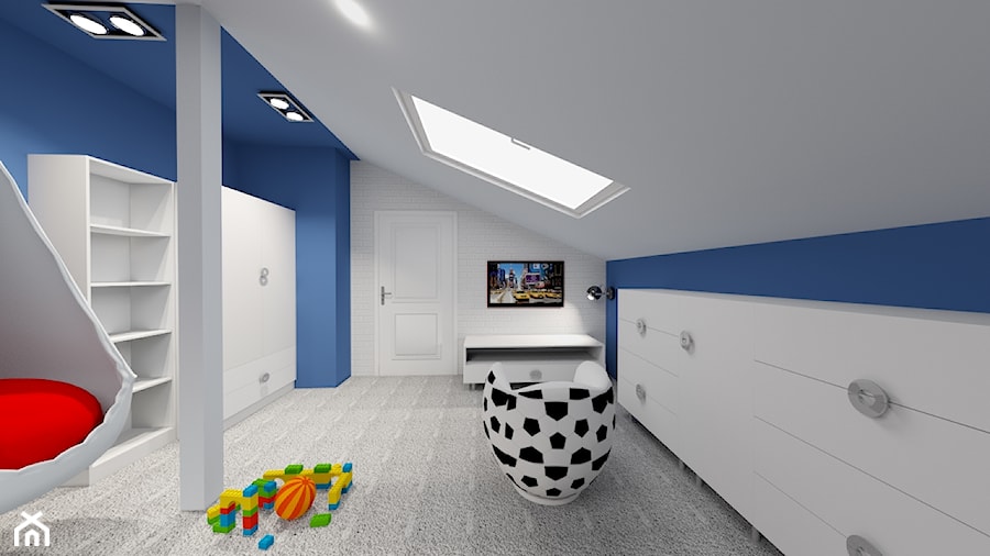 Poddasze- pokoje dziecięce - Duży biały niebieski pokój dziecka dla dziecka dla nastolatka dla chłopca, styl nowoczesny - zdjęcie od ALI DECOR ALINA KOWALSKA PROJEKTOWANIE I ARANŻACJA WNĘTRZ