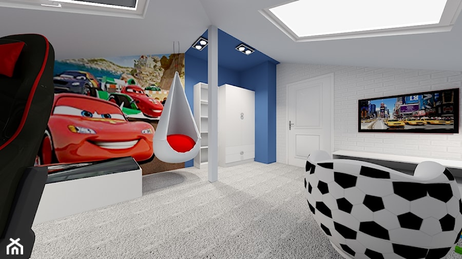 Poddasze- pokoje dziecięce - Duży biały niebieski pokój dziecka dla nastolatka dla chłopca, styl nowoczesny - zdjęcie od ALI DECOR ALINA KOWALSKA PROJEKTOWANIE I ARANŻACJA WNĘTRZ
