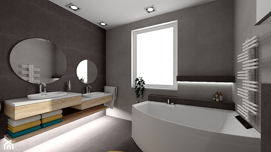 łazienka w 3 wersjach - Średnia z lustrem z dwoma umywalkami z punktowym oświetleniem łazienka z oknem - zdjęcie od ALI DECOR ALINA KOWALSKA PROJEKTOWANIE I ARANŻACJA WNĘTRZ