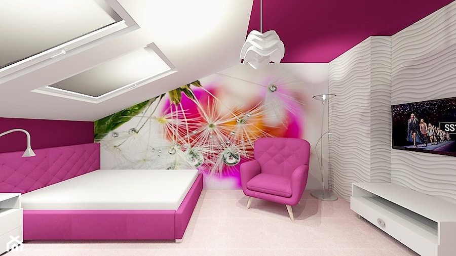 Poddasze- pokoje dziecięce - Duży biały różowy pokój dziecka dla nastolatka dla dziewczynki, styl nowoczesny - zdjęcie od ALI DECOR ALINA KOWALSKA PROJEKTOWANIE I ARANŻACJA WNĘTRZ