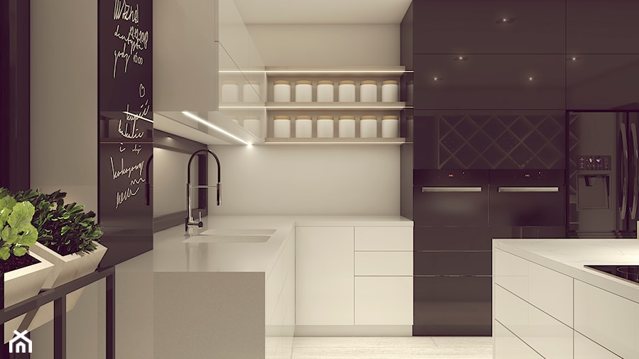 POP ART HOUSE - Średnia z salonem biała z zabudowaną lodówką kuchnia w kształcie litery l z wyspą lub półwyspem z oknem, styl minimalistyczny - zdjęcie od CUDO STUDIO