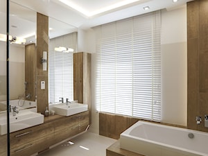 Żaluzje drewniane - Średnia z lustrem z dwoma umywalkami z punktowym oświetleniem łazienka z oknem, styl minimalistyczny - zdjęcie od ANWIS Sp. z o.o.