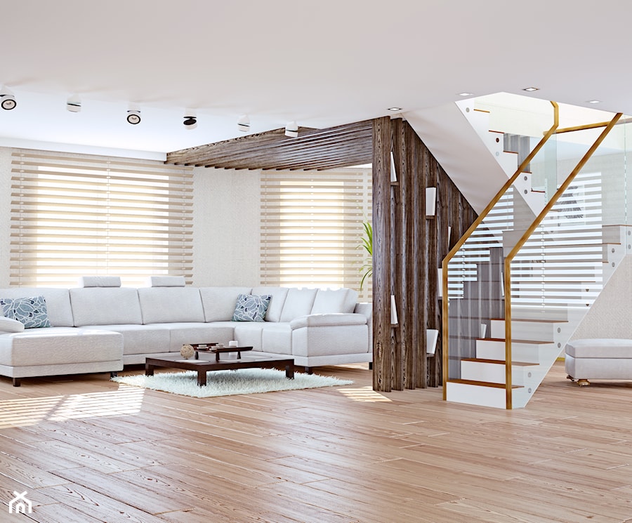 Białe żaluzje drewniane - Salon, styl nowoczesny - zdjęcie od ANWIS Sp. z o.o.