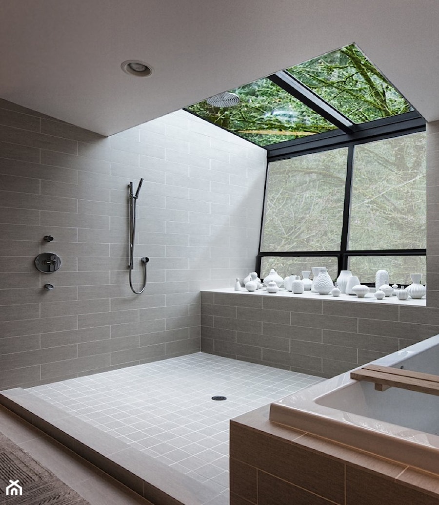 Rolety materiałowe - Średnia na poddaszu łazienka z oknem, styl skandynawski - zdjęcie od ANWIS Sp. z o.o.